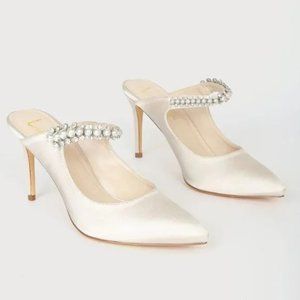 Sephoraaa Ivory Satin Pearl Pointed-Toe Mule Pumps